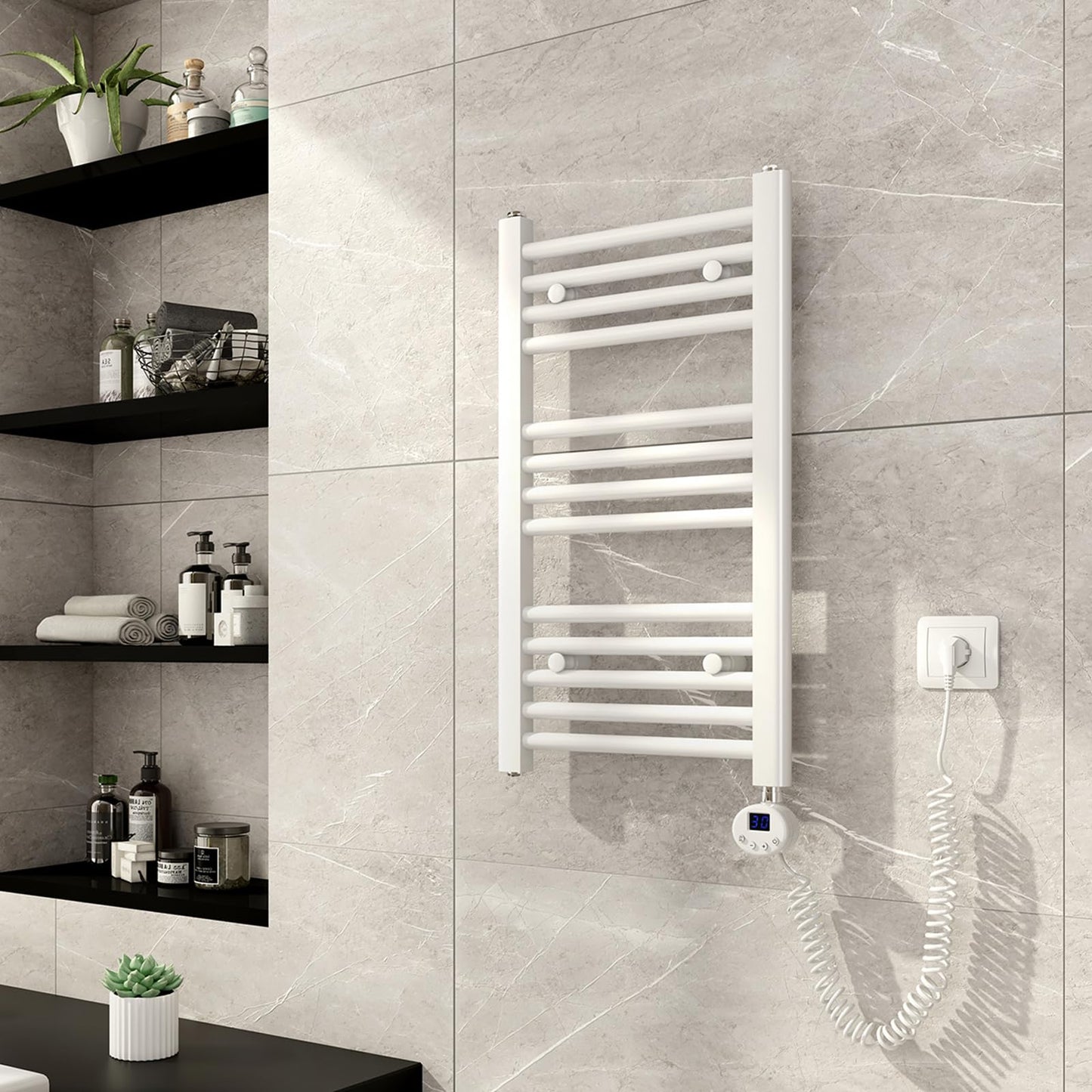 Meykoers electric towel radiator 700 x 400mm with thermostat, bathroom heater in white, 238 watts.