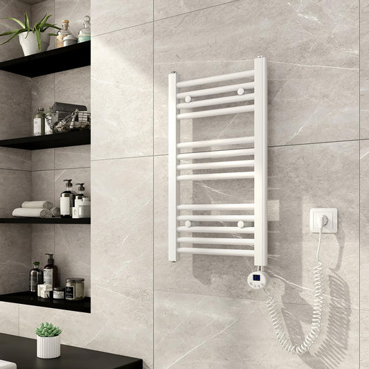 Meykoers electric towel radiator 700 x 400mm with thermostat, bathroom heater in white, 238 watts.