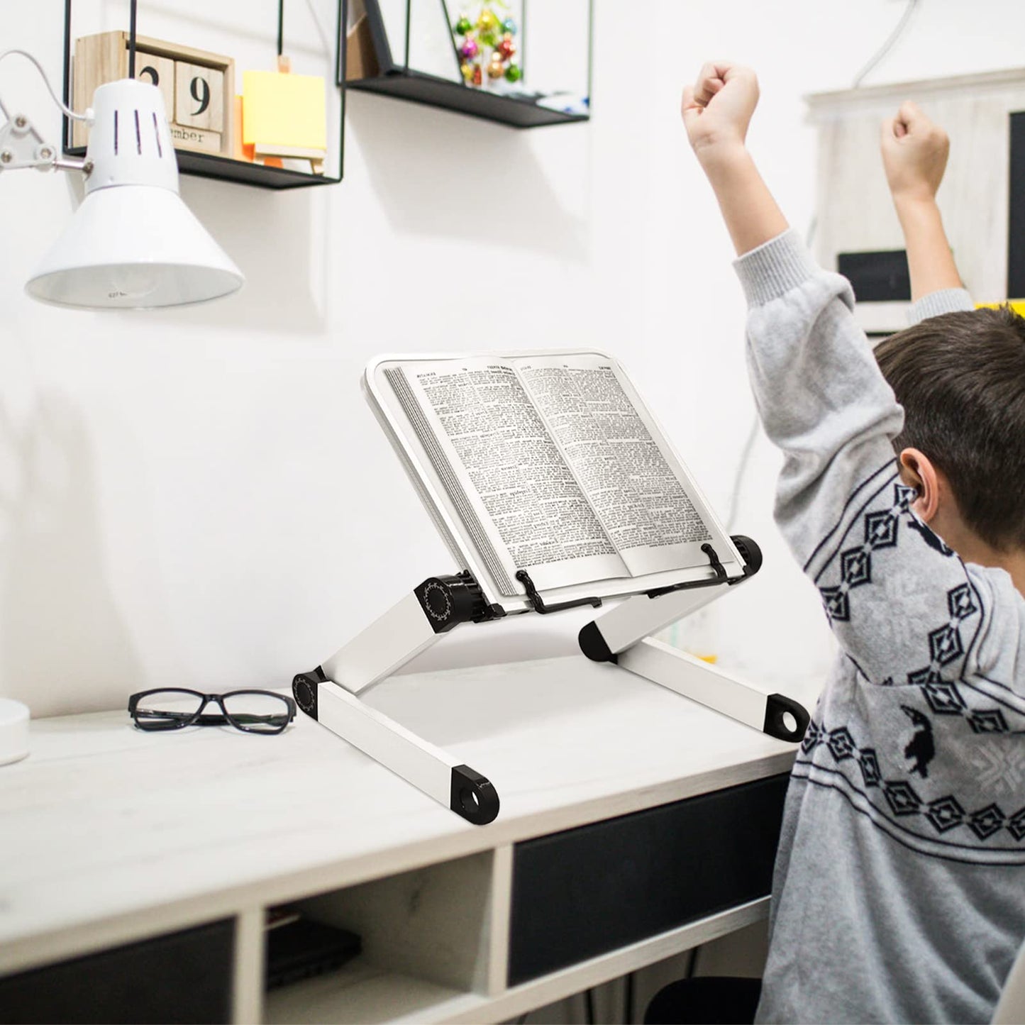Adjustable Ergonomic Book Stand with Office Clips for textbooks, music books, tablets, notebooks, recipe books, and more.
