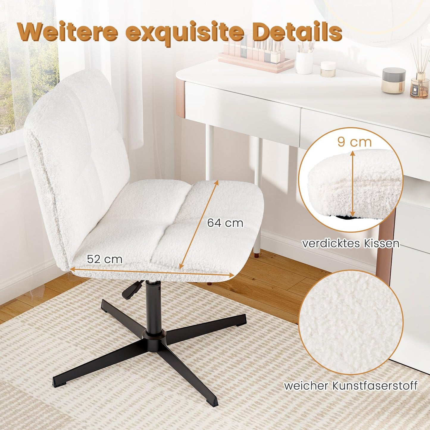 COSTWAY Tailor's Seat Chair, Swivel Chair without Armrests, Desk Chair with Wide Seat, Office Chair with Cross Base, Makeup Chair, Height Adjustable, Rocking Function, Modern (Beige)