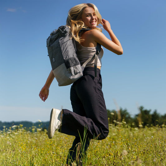 EverVanz Laptop Backpack, Men & Women Roll Top Waterproof Hiking Backpack, Lightweight Casual Backpack, Stylish School Bag with USB Charging Port, L, Gray