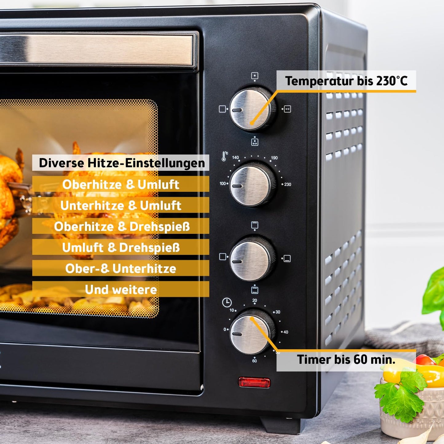 TZS First Austria - Mini Oven 60L 2000W - Mini Oven Pizza Oven Temperature control up to 230°C & 6 modes - Spacious mini oven with 60 Min. Timer, 4 rack heights, baking tray, grill rack & rotisserie