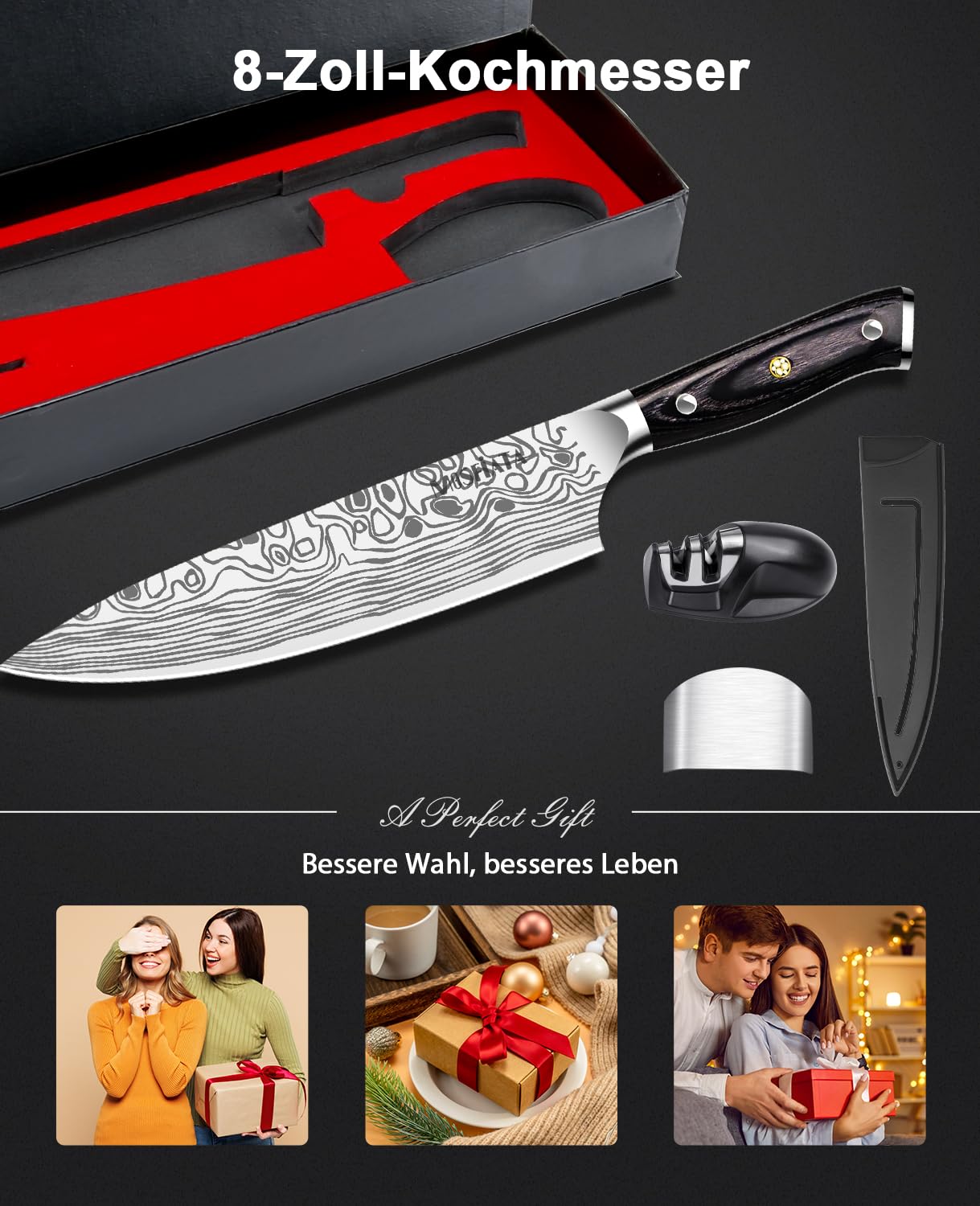 MOSFiATA chef's knife, kitchen knife, meat knife professional 20CM made of EN.4116 German stainless steel sharp blade ergonomic with finger guard and knife sharpener in gift box.