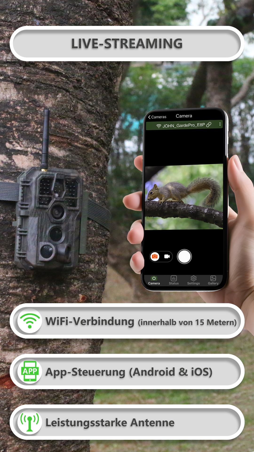 GardePro E8P wildlife camera with WiFi, rechargeable 8000mAh battery, 64MP 1296P resolution, motion sensor night vision, mobile transmission, WiFi, app.