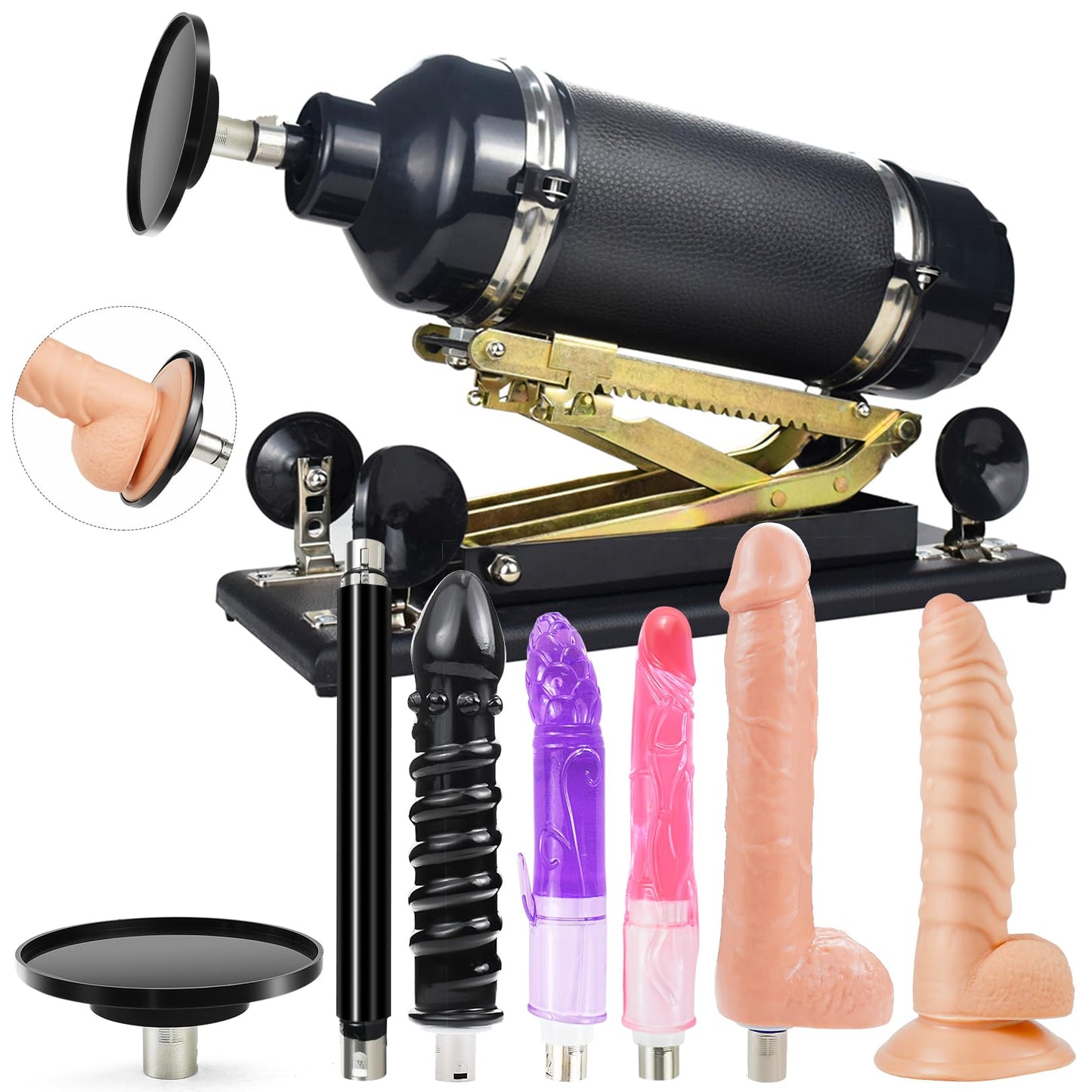 Sex machine, fucking machine with dildo and suction cup adapter, 3 XLR connections. Love machine with sex toys for men, women, and couples. Automatic masturbation machine with 7 attachments. Sex toys.