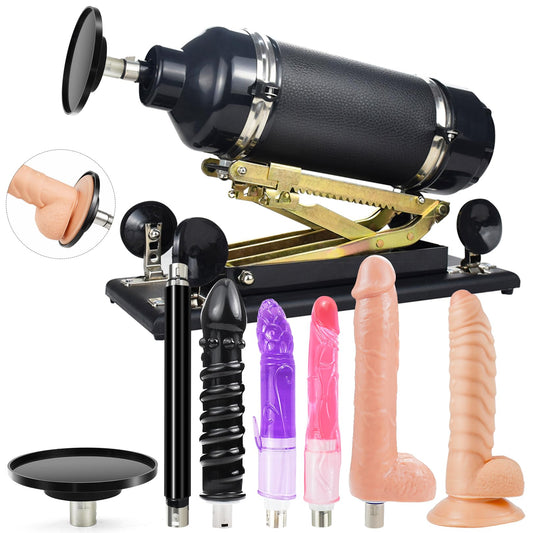 Sex machine, fucking machine with dildo and suction cup adapter, 3 XLR connections. Love machine with sex toys for men, women, and couples. Automatic masturbation machine with 7 attachments. Sex toys.