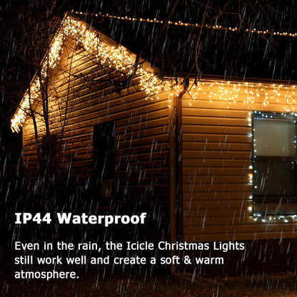 BrizLabs 240 LED Christmas Lights Outdoor Icicle Lights Warm White Curtain Lights Christmas Decorations 8 Modes Indoor Icicle String Lights Curtain for Party, Wedding, Garden