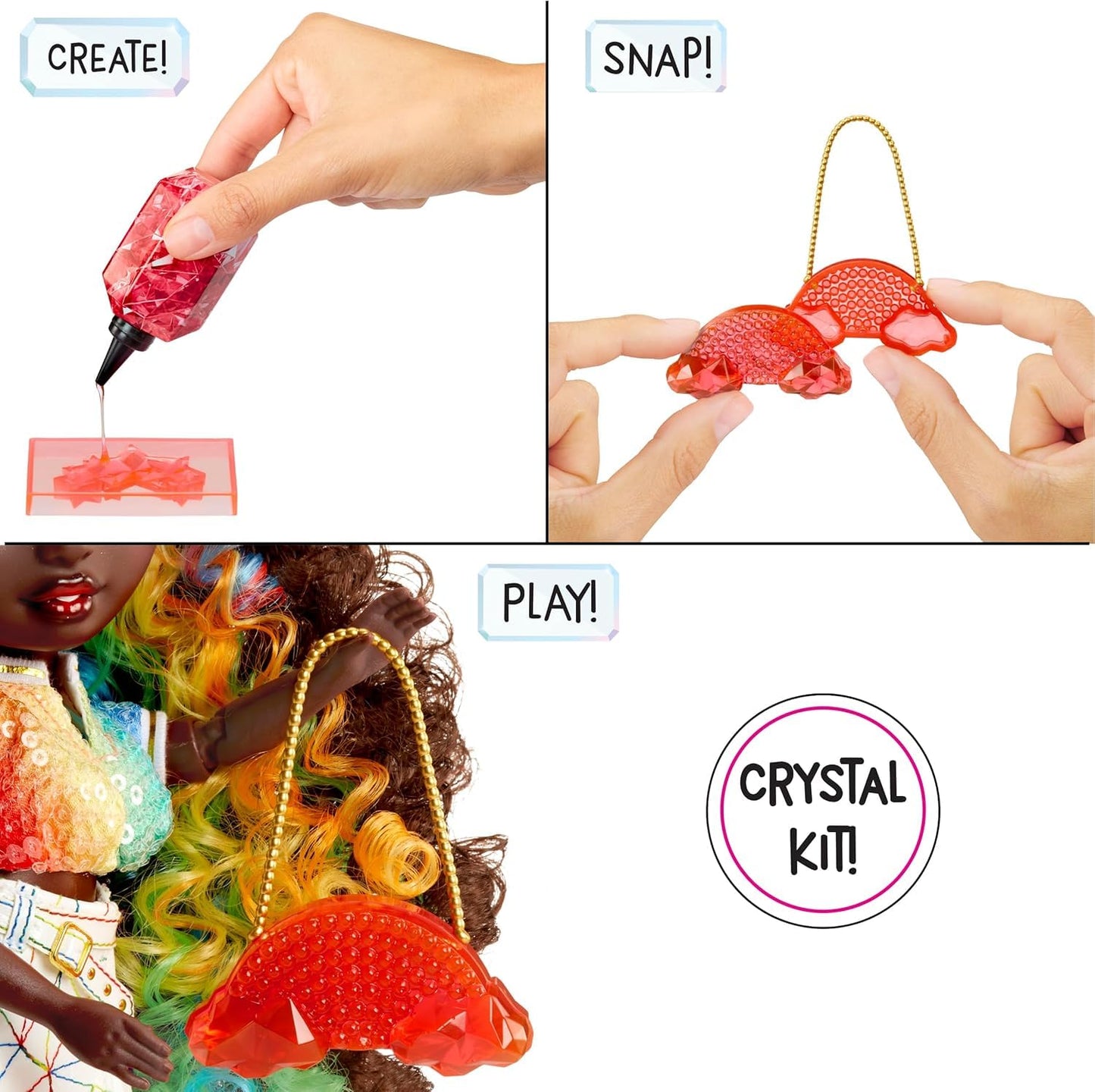 Rainbow High Creative Crystals Iris - 28 cm fashion doll with Make It Kit for crystal accessories, Ring for You, craft, resin playset, gift for kids 8+, Not EDIBLE