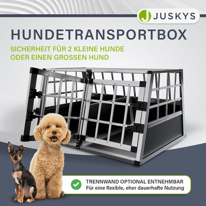 Juskys aluminum dog transport box L-X - 89x70x51 cm - car dog box sturdy & easy to clean - grid doors lockable - aluminum travel box for dogs
