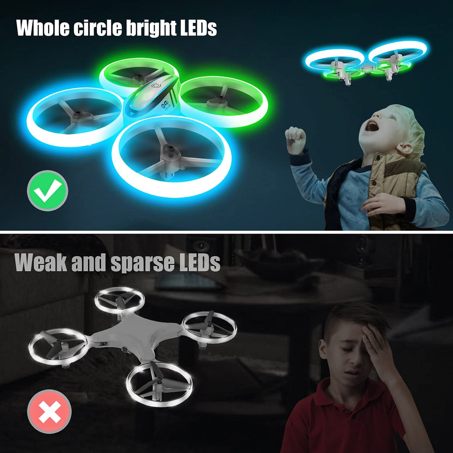 AVIALOGIC Q9s Drone for kids with altitude hold and headless mode, RC Quadcopter with blue & green lights and 2 batteries, toy drone for children and beginners.
