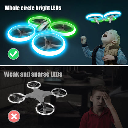 AVIALOGIC Q9s Drone for kids with altitude hold and headless mode, RC Quadcopter with blue & green lights and 2 batteries, toy drone for children and beginners.