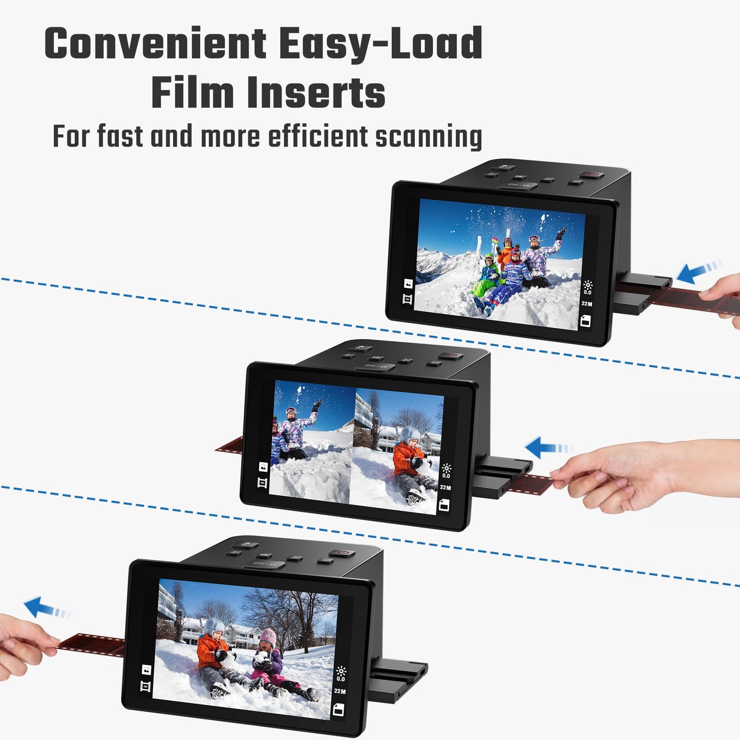Digital film and slide scanner with large 5-inch LCD display, converts 135, 126 KPK, 110 negatives, color and black-and-white slides, and Super 8 film into 22 MP JPEG images.