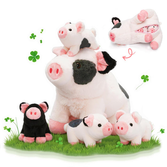 OUOZZZ 5 pieces pig plush toy, 23cm soft pig stuffed toy with 4 baby piglets inside - party birthday gift lucky pig decor for kids