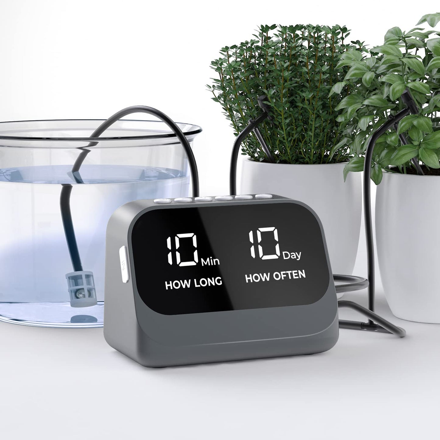 Automatic irrigation system for potted plants, DIY drip irrigation kit with programmable timer, waterproof LED display, and high-capacity battery, gray