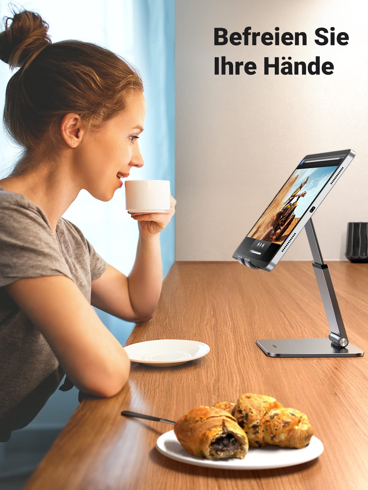 UGREEN Tablet Stand Height Adjustable Holder Aluminum Adjustable Height Holder compatible with iPad Pro Air Mini 11 12.9 Galaxy Tab S9+ Redmi Pad Huawei MatePad iPhone up to 12.9 inches.