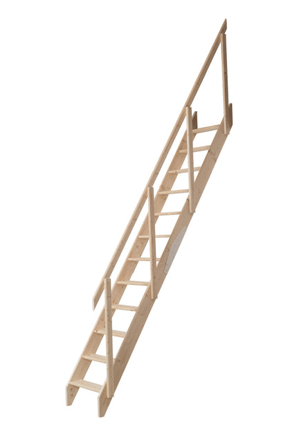 DOLLE space-saving staircase made of untreated solid spruce Height up to 283.5 cm including railing with two-part stringer
