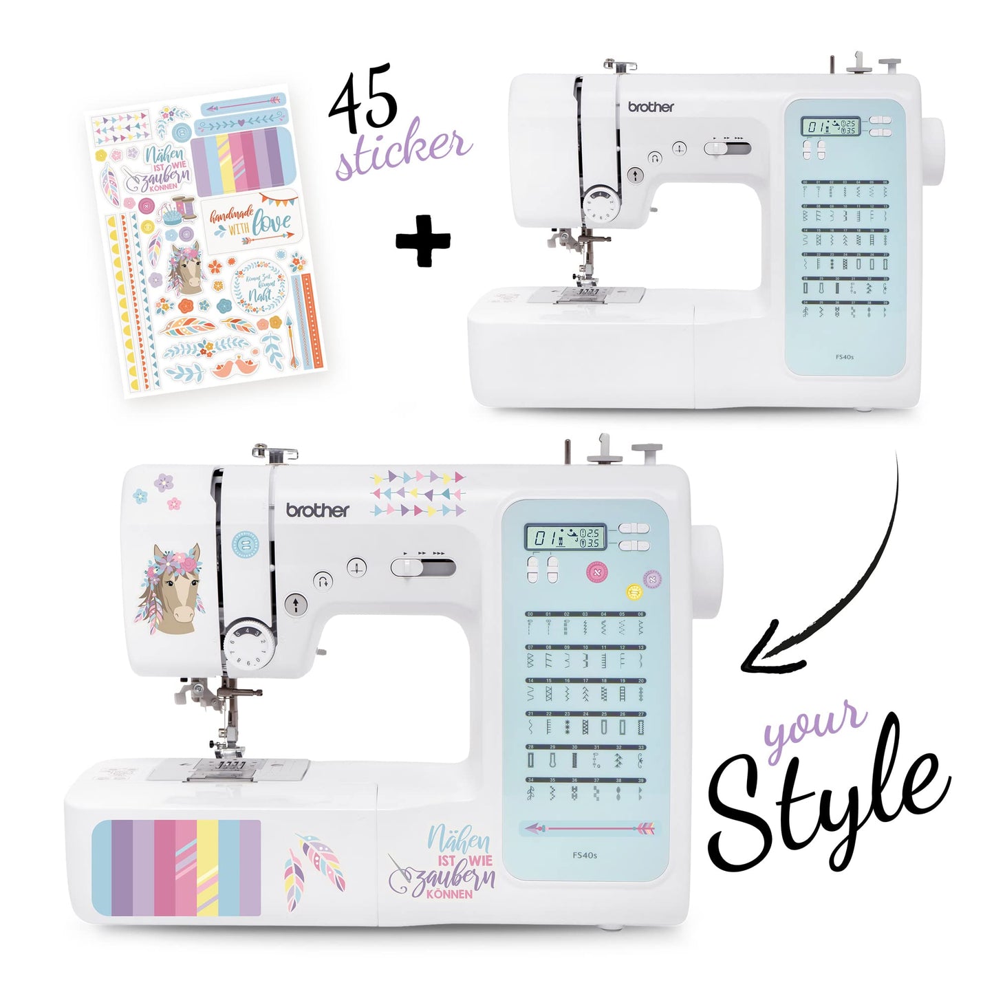 Computerized sewing machine for beginners & advanced sewers: brother FS-40s kullaloo edition, including sewing kit, finger guard & stickers.