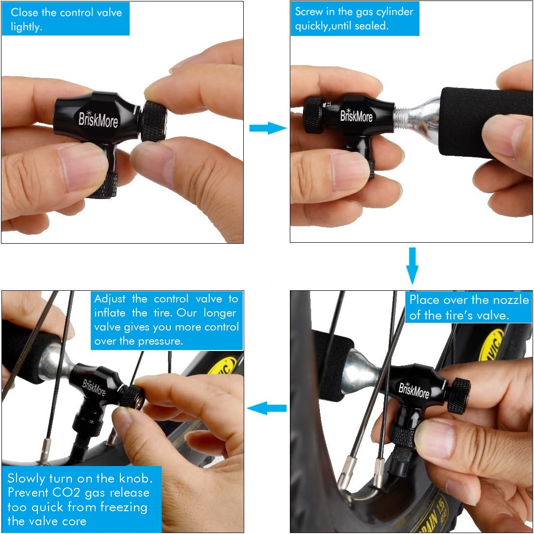 BriskMore CO2 inflator kit with 5 x 16g CO2 cartridges for bike tires, Presta and Schrader valve compatible, bike tire pump for mountain and road bikes, includes insulating sleeve.