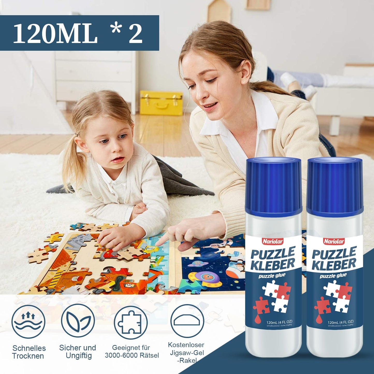 Nariolar Puzzle Glue Transparent with Applicator ideal for attaching and hanging puzzles, fast drying, 120mlX2