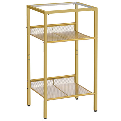 HOOBRO Side Table Gold, Telephone Table, 3-Tier Nightstand with Tempered Glass Top and Grid, Coffee Table for Living Room, Bedroom, Gold Color EGD04DH01