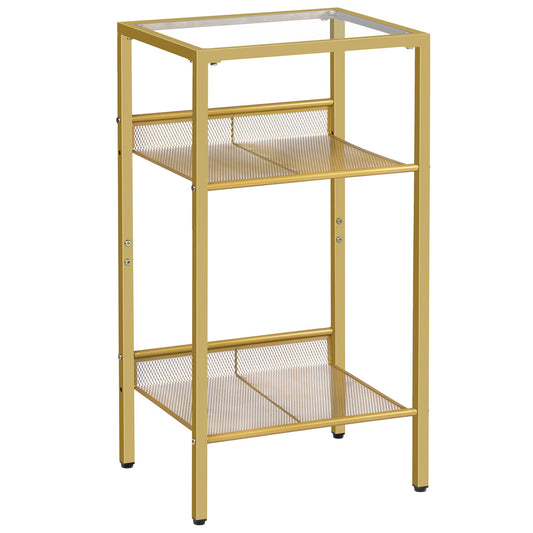 HOOBRO Side Table Gold, Telephone Table, 3-Tier Nightstand with Tempered Glass Top and Grid, Coffee Table for Living Room, Bedroom, Gold Color EGD04DH01