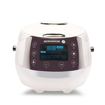 REISHUNGER Digital Rice Cooker & Steamer White | 1.5 L up to 8 people | Keep Warm function, Timer & Premium Inner Pot | Multicooker, 12 programs, 7-phase technology