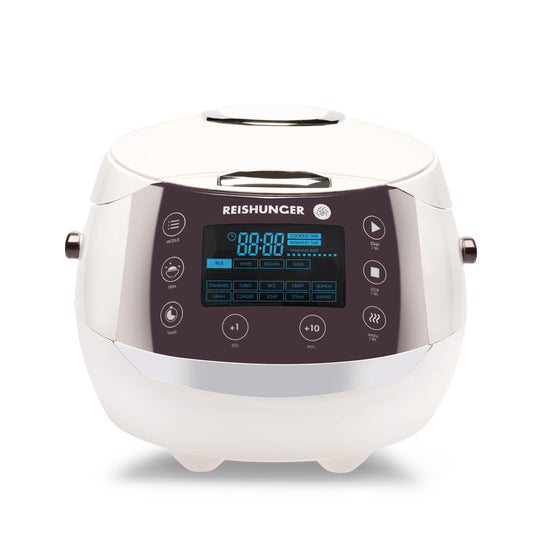 REISHUNGER Digital Rice Cooker & Steamer White | 1.5 L up to 8 people | Keep Warm function, Timer & Premium Inner Pot | Multicooker, 12 programs, 7-phase technology