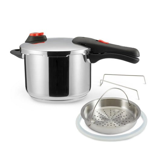Amazon Basics Stainless Steel Pressure Cooker - with Steamer, Induction Compatible - 6 liters, Silver