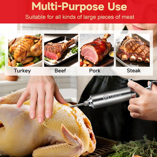Ofargo meat injector made of 304 stainless steel, with 4 marinade needles and travel case for grilling, smoking, 57ml, large capacity, user manual, and eBook recipe.