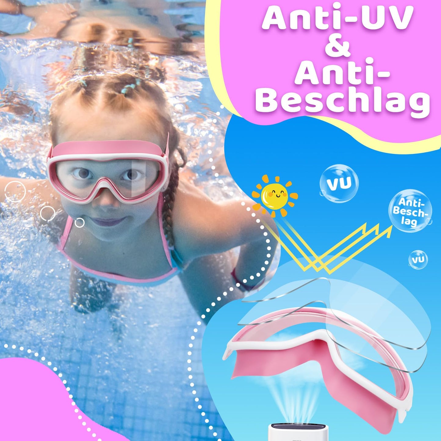Vvinca Kids Swim Goggles with Comfort Fabric Strap Wide Angle Anti-Fog/UV Protection Waterproof Swim Goggles for 3-14 years
