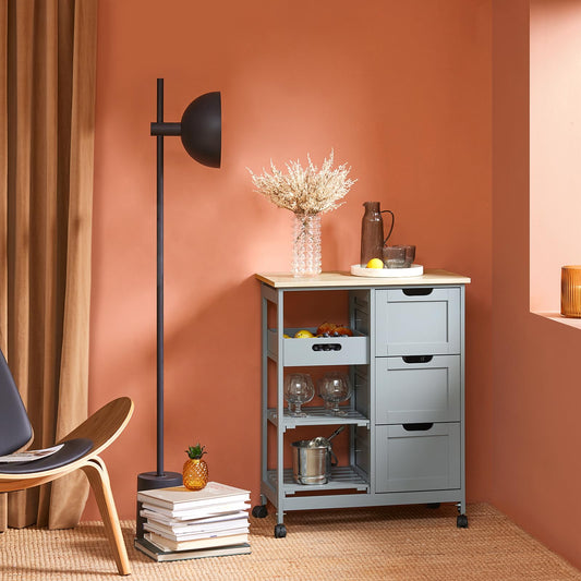 SoBuy serving trolley with wheels - kitchen trolley with 2 removable shelves and 1 tray - serving cart trolley for kitchen, living room, dining room - light grey, 68x85x38 cm, up to 50 kg, MDF, FKW79-HG.