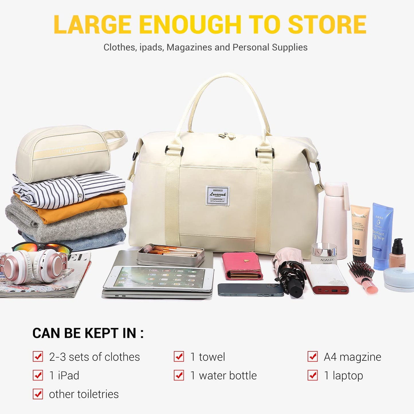 LOVEVOOK Travel Bag for Women, Sports Duffel Bag, Carry-On Bag, Weekender Bag, Swim Bag, Waterproof, Fitness Bag, Women's Hospital Bag for Travel, Gym, Plane
