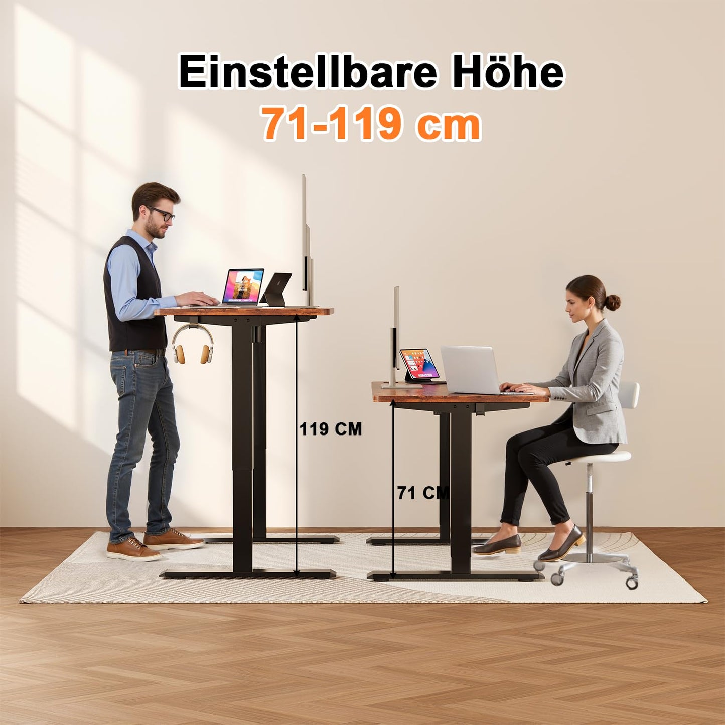 JUMMICO Adjustable Height Standing Desk Electric Standing Desk with Memory Function 140 x 60 cm, Brown.