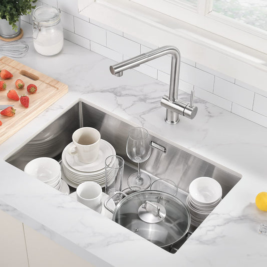 Auralum Kitchen Sink 70 x 44 cm, Large Handcrafted Stainless Steel Kitchen Sink, for 80 cm Kitchen Cabinet, including Siphon, Overflow, and Drain Set, Flush/Inset Sink for Kitchen