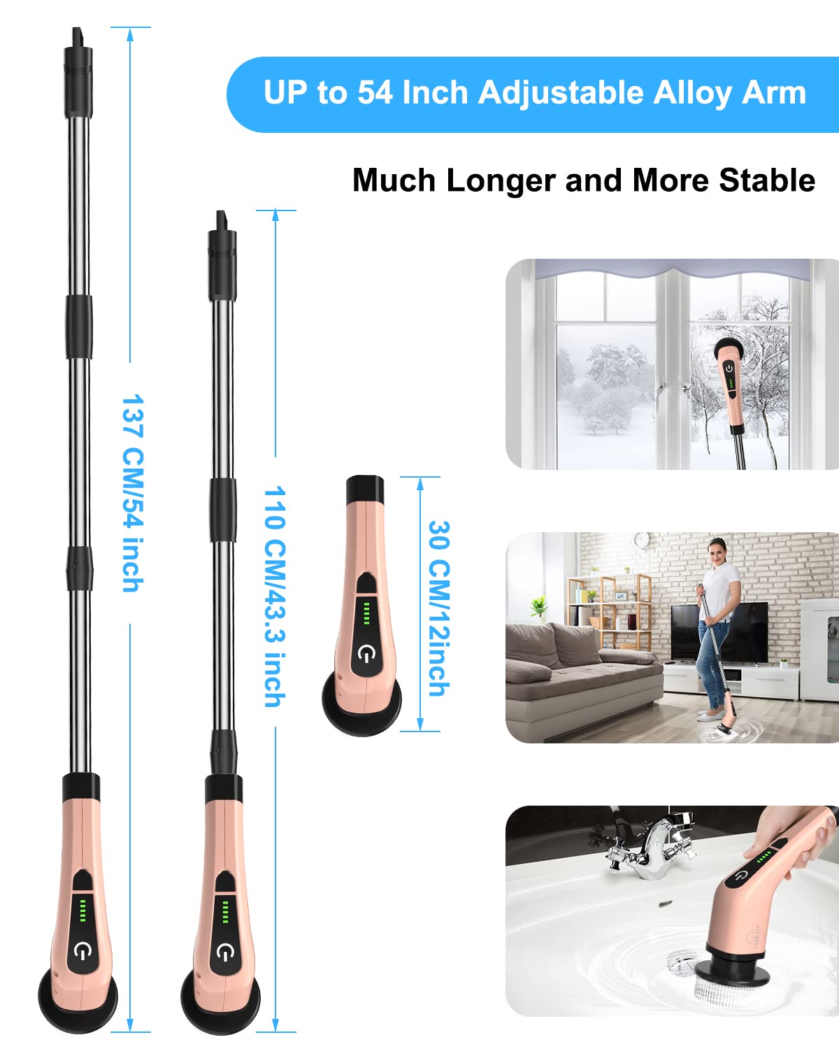 Electric cleaning brush, Electric Spin Scrubber cordless with 8 interchangeable drilling brush heads, tub and floor tile mop set with 137cm adjustable handle for bathroom kitchen car floor (White)