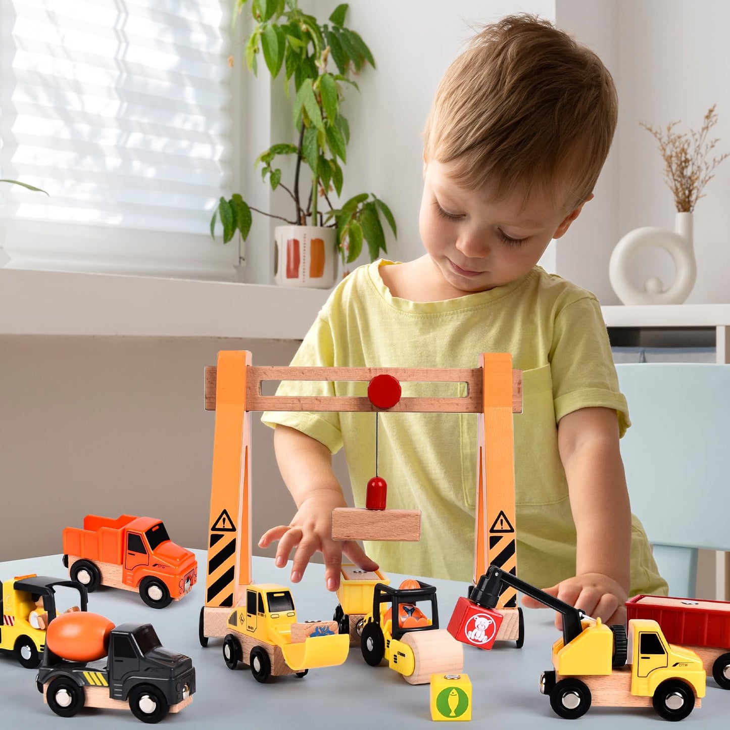 BuzzoXerex Construction Vehicles Children's Wooden Toy, Construction Vehicles Magnetic with Portal Crane, Excavator, Crane Truck, Dump Truck - Gift for 3+ Years