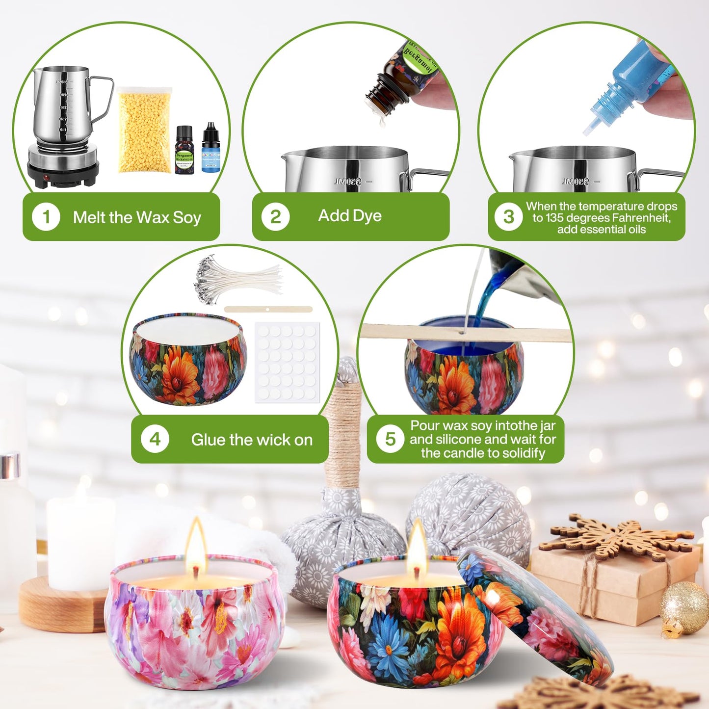 DIY Candle Making Kit, Candle Making Set, Includes 480g Soy Wax, 8 Candle Jars, 4 Color Dyes, and 4 Scents, Candle Making Kit for Adult Beginners