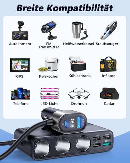 JOYROOM 210W cigarette lighter distributor, 【2025 Upgrade】car charger adapter, 3 way 12V/24V plug charging cable splitter with 36W PD & 5 USB ports for iPhone 17/iPad/Dashcam/GPS/seat heater.