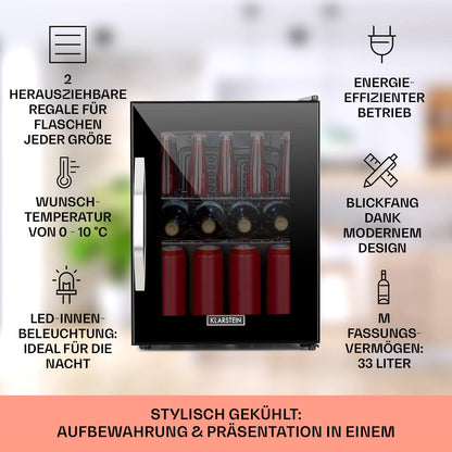 Klarstein beverage refrigerator, small fridge with 2 shelves, silent mini fridge for office camping outdoor, mini fridge with glass door, mini fridge 0-10°C, beer fridge 33L, black