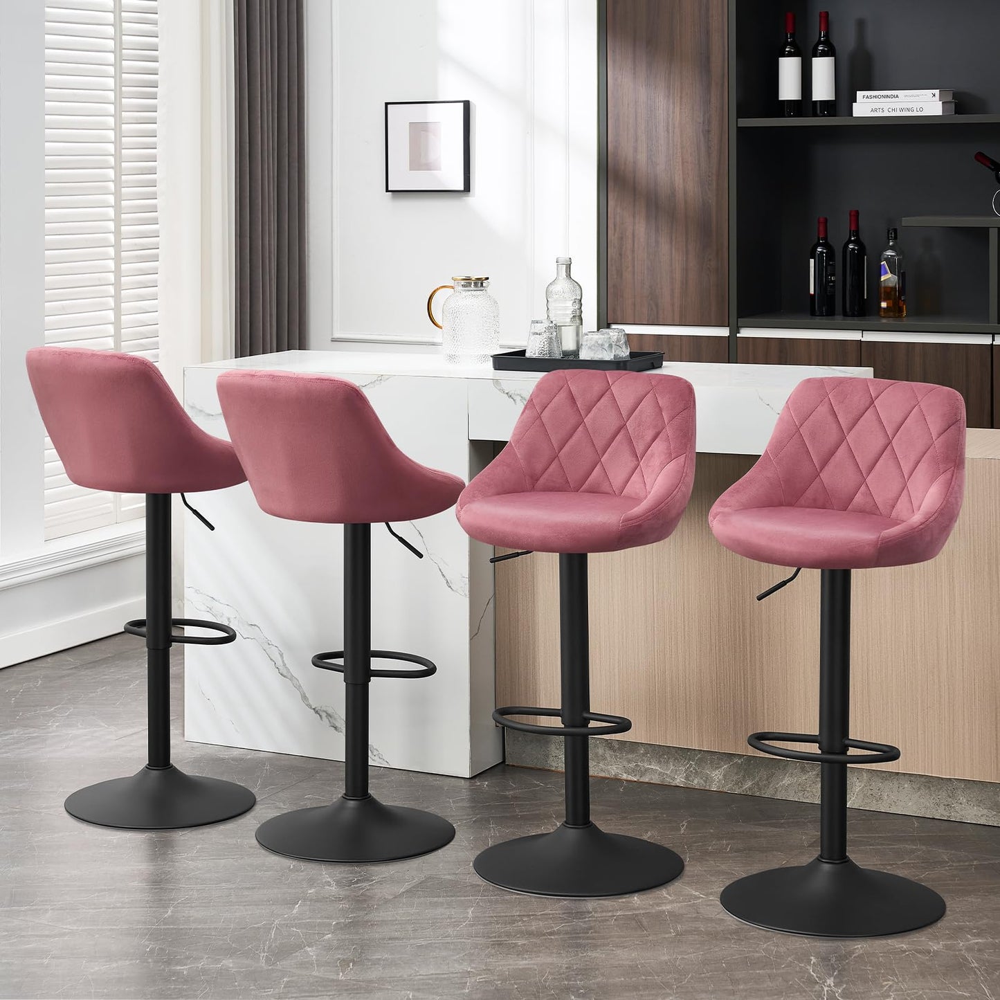 WOLTU Set of 2 Bar Stools, Bar Chairs with Backrest, Height Adjustable Swivel, Padded Velvet Seat, Non-Slip Metal Base, for Kitchen Home Bar, Pink