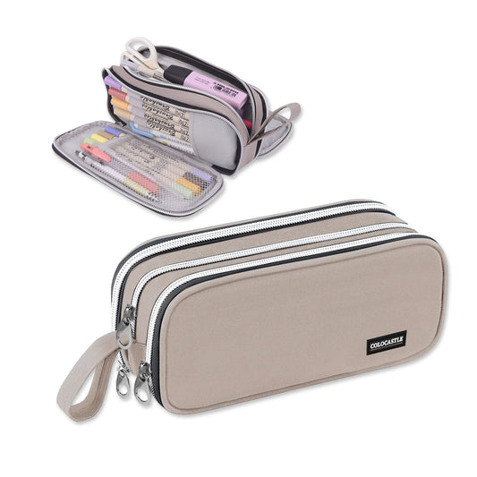 COLOCASTLE Pencil Case Large with 3 Compartments Pencil Pouch for Girls Boys Teenagers School Office (Gray)