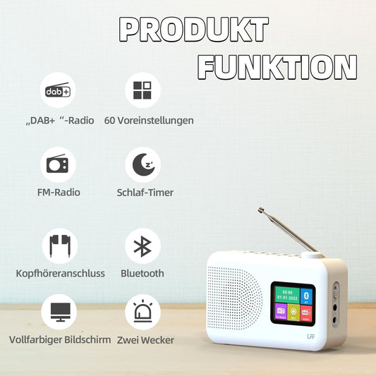 LFF DAB radio, DAB Plus radio, FM digital radio, kitchen radio with cable or battery operation, color display radio with Bluetooth.
