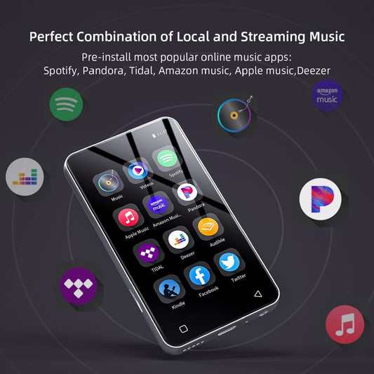 MP3 player with Bluetooth and Wi-Fi, 4" MP4-MP3 player with full touchscreen and Spotify, Android streaming music player with Pandora, portable HiFi sound, digital audio player with speaker white.