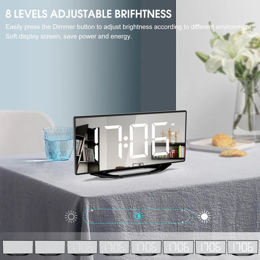 Loud alarm clock with bed shaker for heavy sleepers, digital dual alarm clock with vibration, 8.7'' LED mirror alarm clock for kids, teens, 7 volume levels and dimmer, battery backup, snooze, 12/24H-DST.