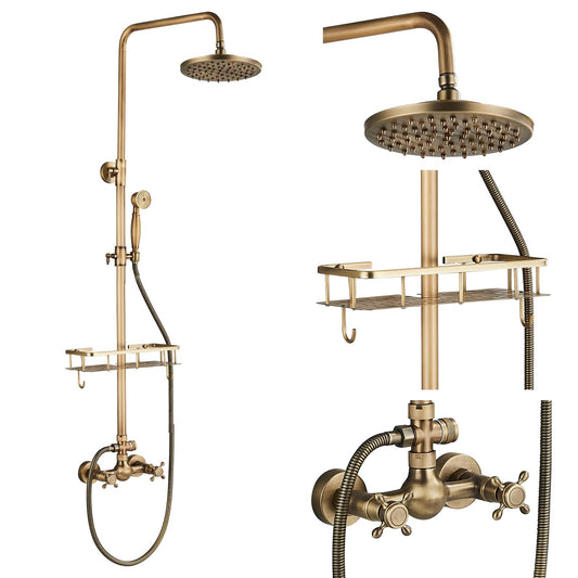 Rozin Brass Antique Shower Faucet with Hand Shower Faucet 8 Inch Shower Head Rain Shower Head Rain Shower with Storage Shelf