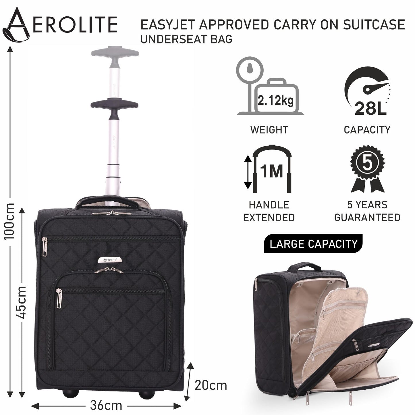Aerolite 45x36x20cm easyJet Maximum 28L Lightweight Under Seat Trolley Luggage Bag Carry-On Hand Luggage Suitcase Small 45x36x20 easyJet with 2 Wheels and 5 Year Warranty, Black