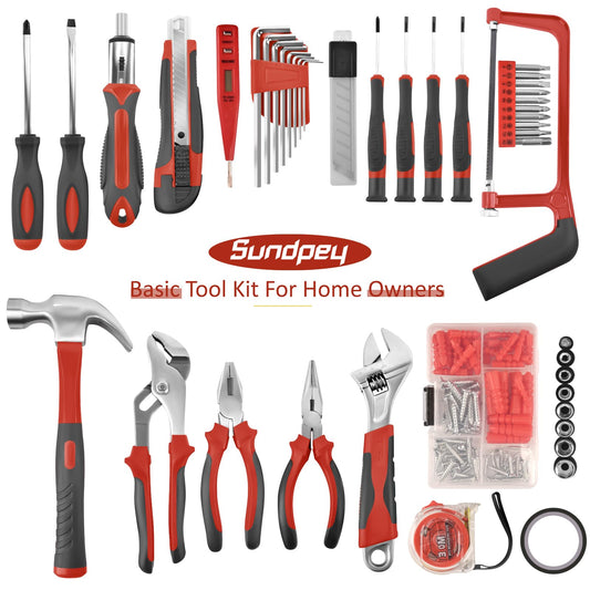 Sundpey Tool Set 148pcs - Household tool box with ratchet screwdriver, hex key, pliers & voltage tester for Men and Women Red