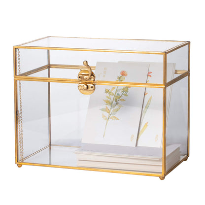NCYP 25x14.2x19.6 cm Gold Glass Card Box, Handcrafted Brass Vintage Rectangular Shape with Base for Wedding Entries, Souvenirs, Tabletop Display (glass box only)