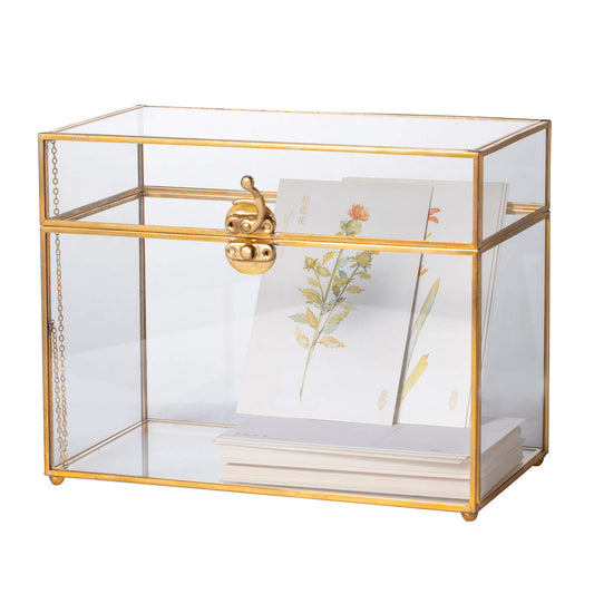 NCYP 25x14.2x19.6 cm Gold Glass Card Box, Handcrafted Brass Vintage Rectangular Shape with Base for Wedding Entries, Souvenirs, Tabletop Display (glass box only)