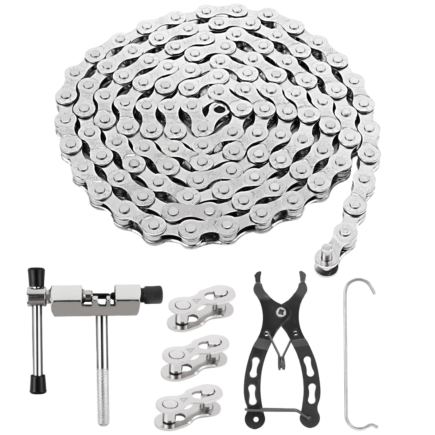 ROSE KULI Bike Chain - 6/7/8 Speed Bike Chain 1/2 x 3/32 Inch 116 Links, bike chain tool set with chain link pliers, chain breaker, and 4 pairs of chain links.